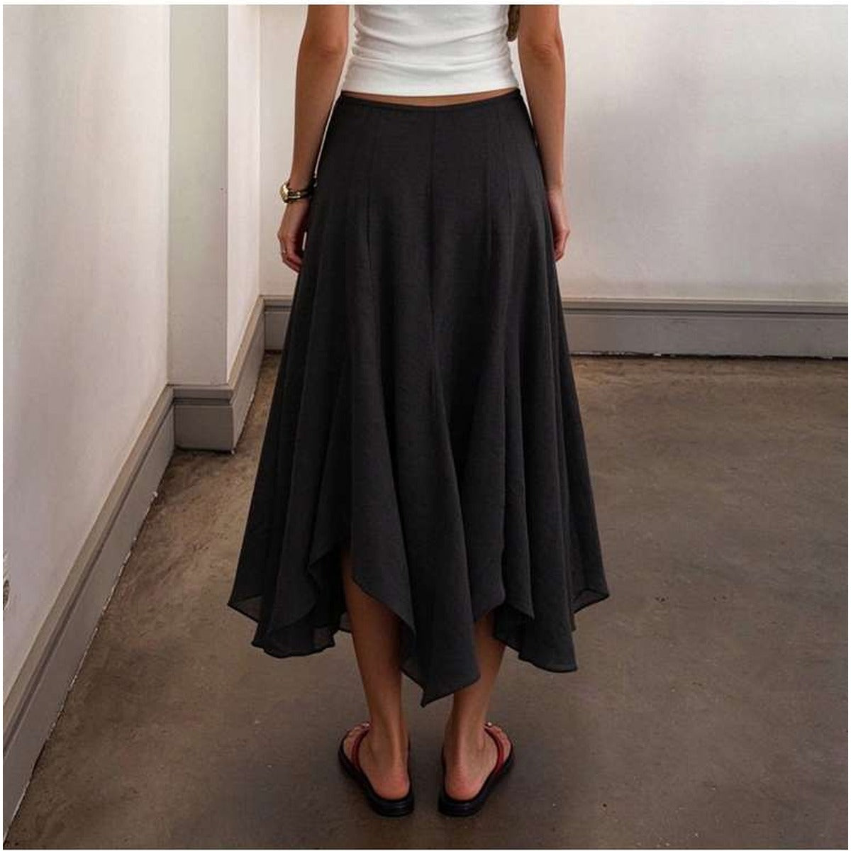 Womens Asymmetric Hem Midi Skirt in Black alternate view