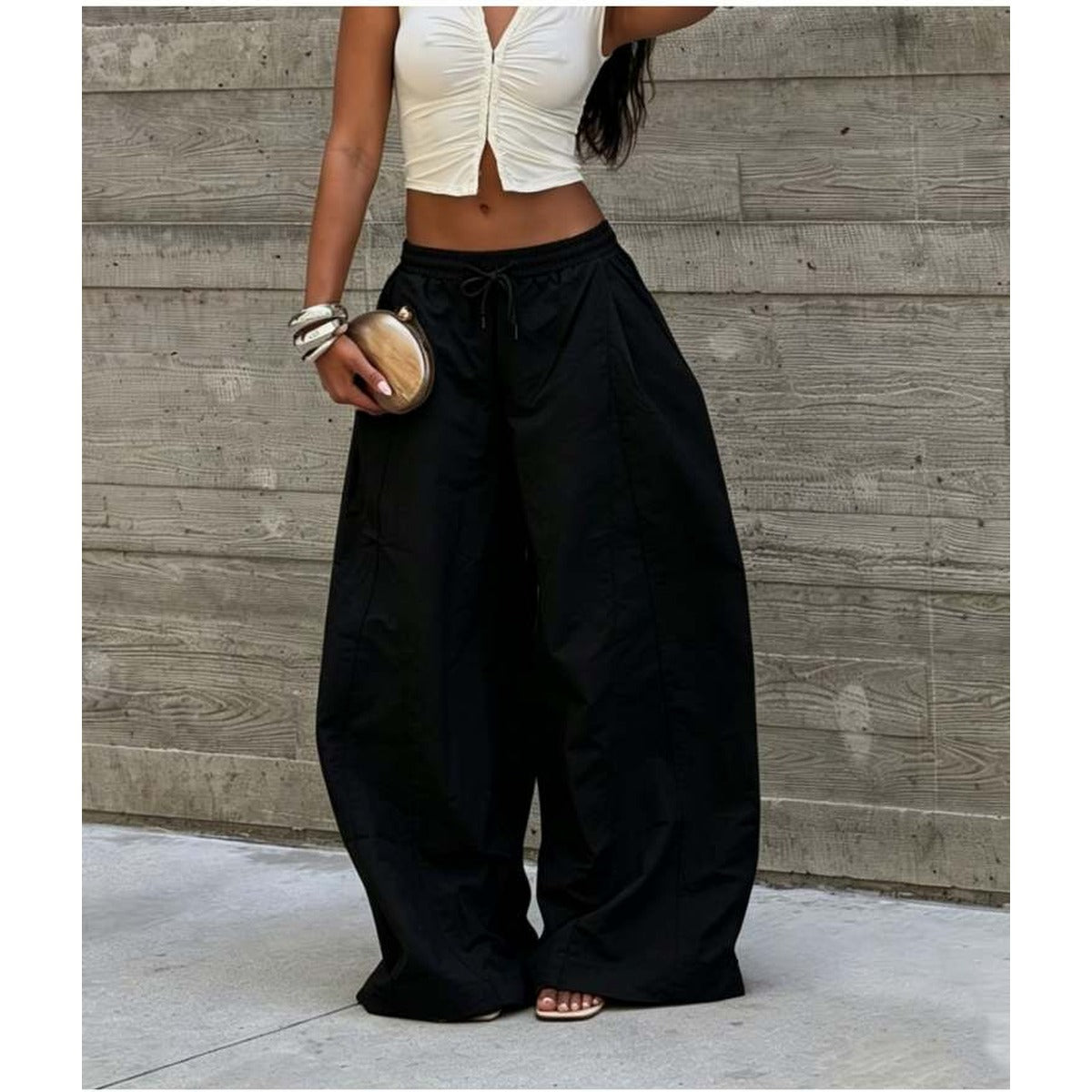 Womens Drawstring Wide Leg Pants in Black alternate view