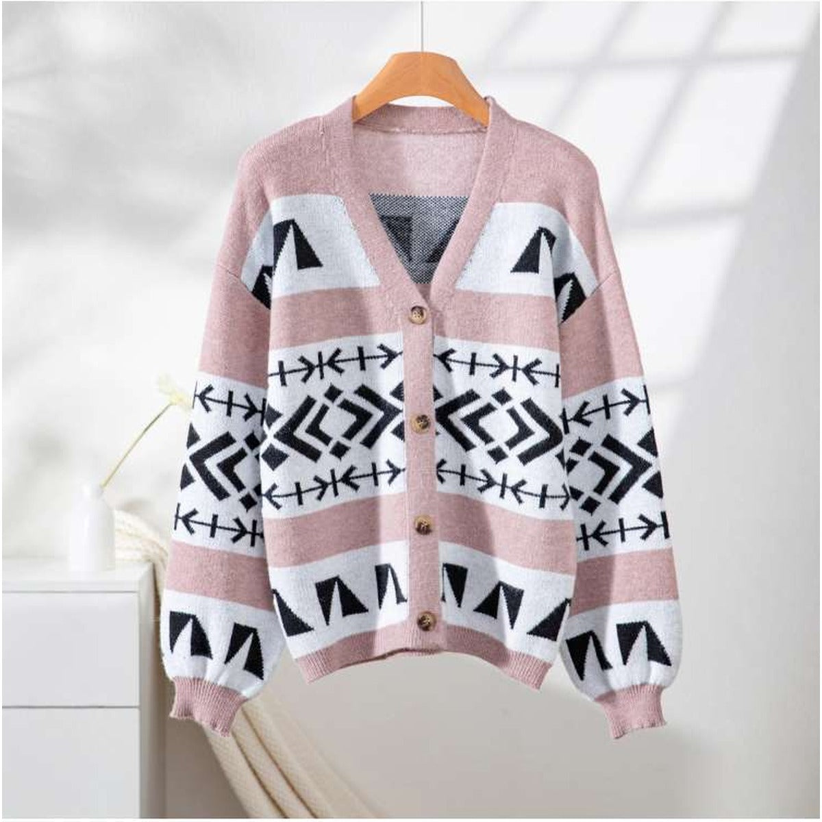 Womens Geometric Button Front Knit Cardigan in Pink alternate view