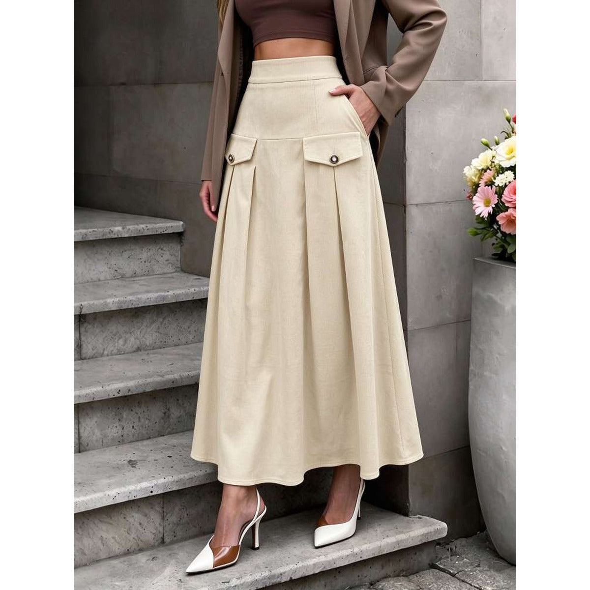Womens High Waist Pleated Midi Skirt in Khaki product view
