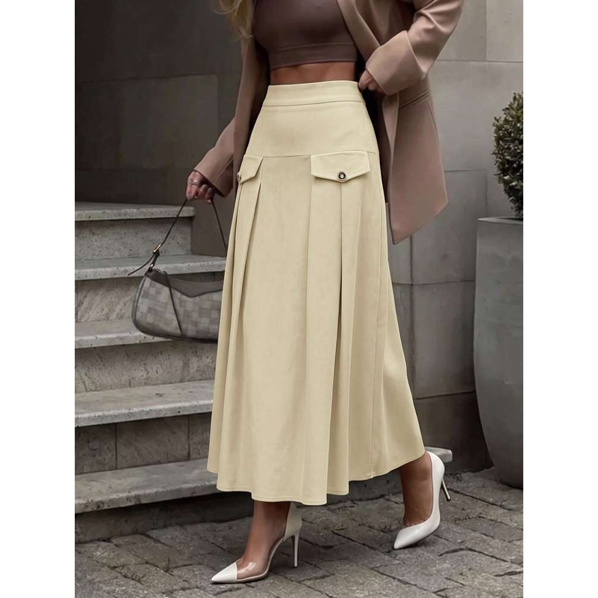 Womens High Waist Pleated Midi Skirt in Khaki alternate view