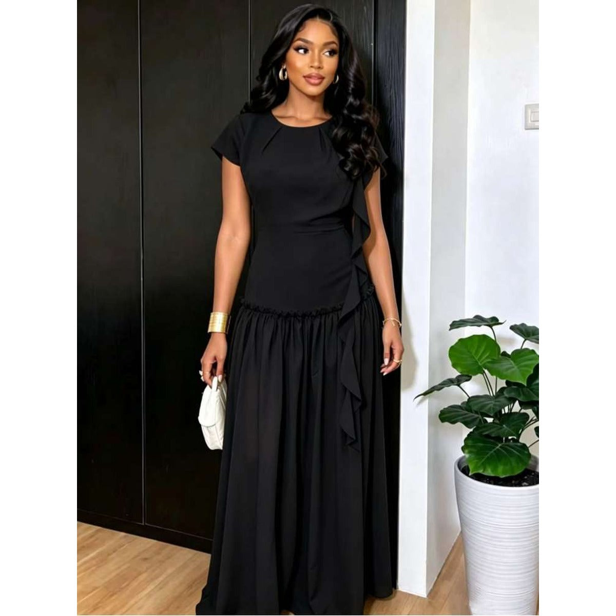 Womens Short Sleeve Drop Waist Maxi Dress in Black product view