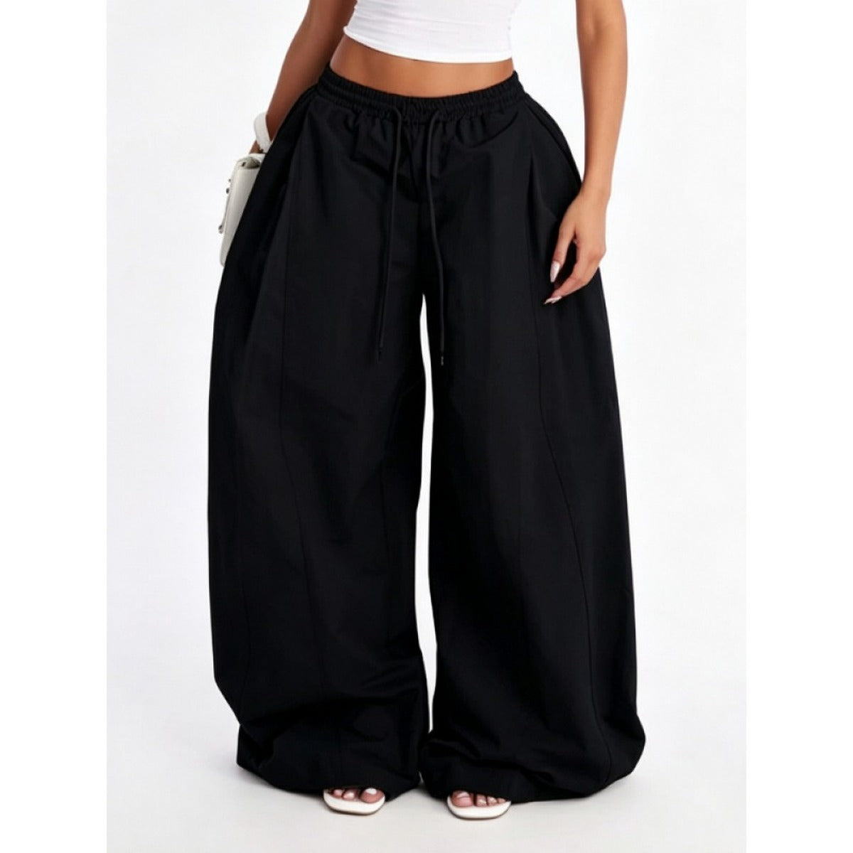 Womens Drawstring Wide Leg Pants in Black product view