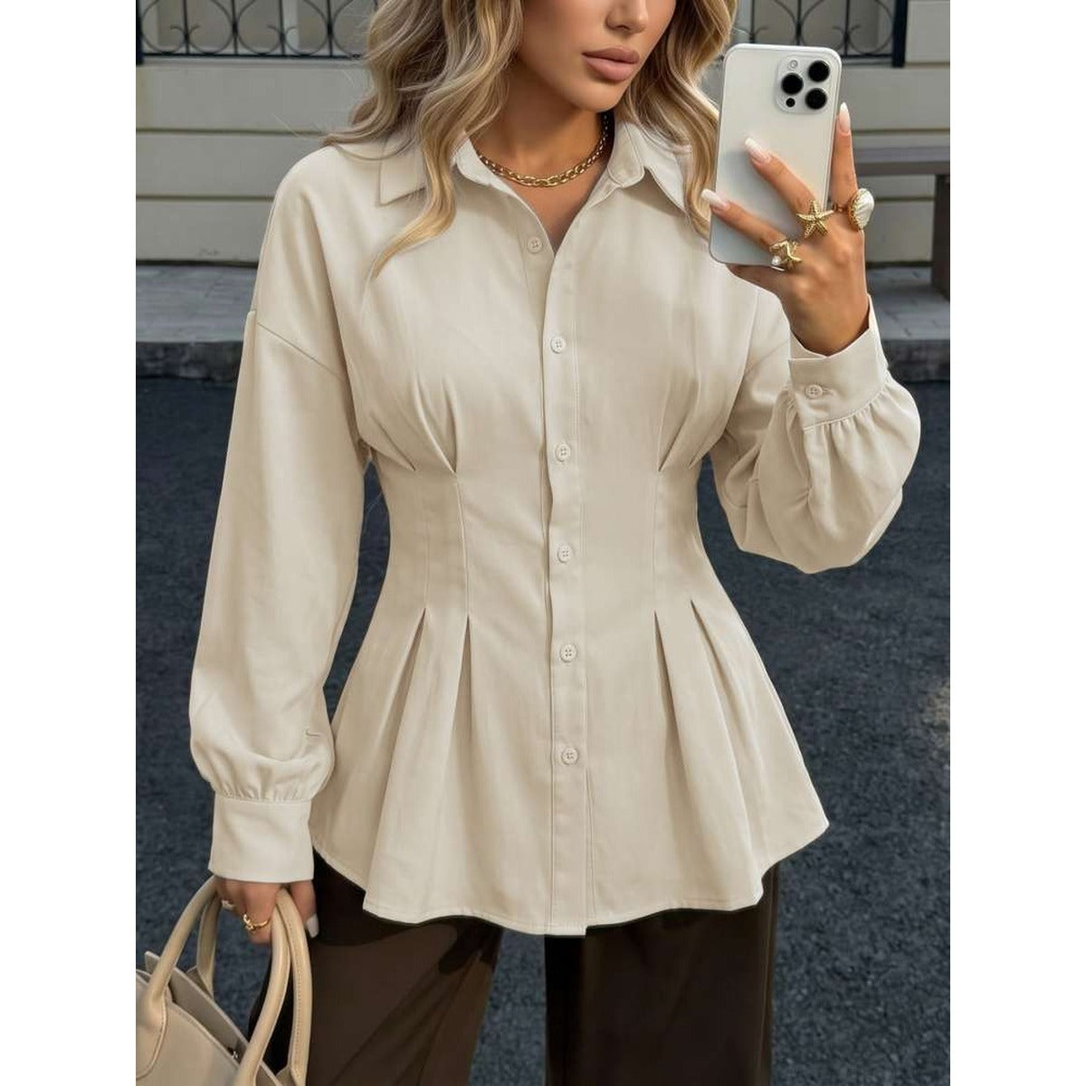 Womens Fitted Collared Long Sleeve Blouse in Apricot alternate view