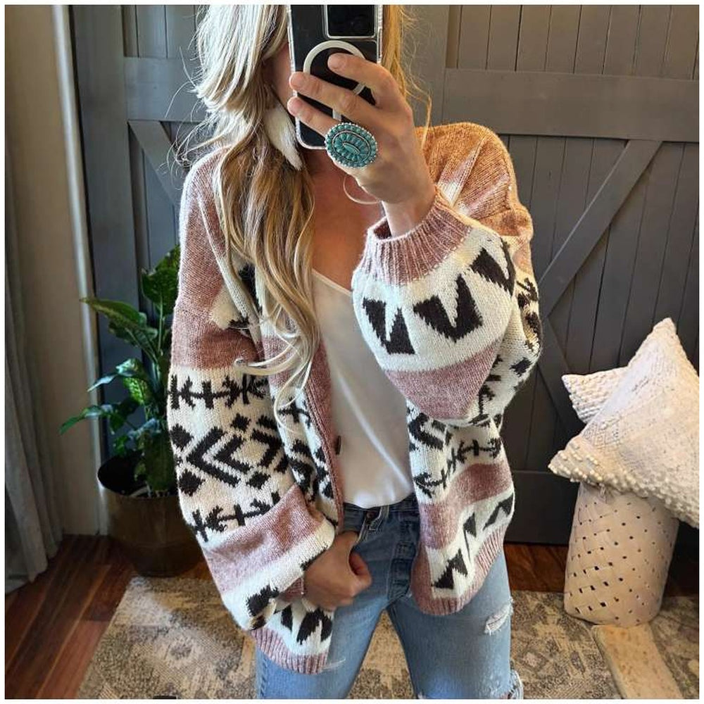 Womens Geometric Button Front Knit Cardigan in Pink product view