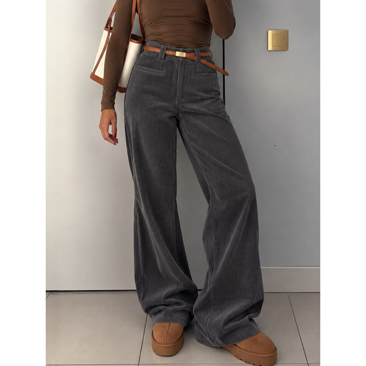 Womens High Waist Corduroy Wide Leg Pants in Dark Gray product view