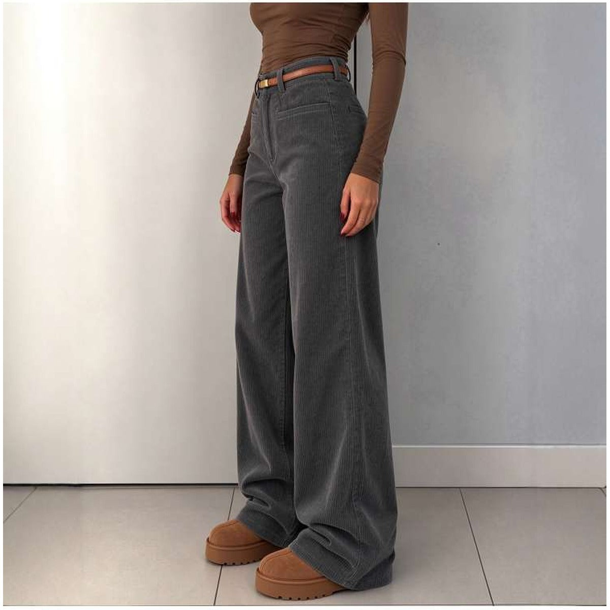 Womens High Waist Corduroy Wide Leg Pants in Dark Gray alternate view