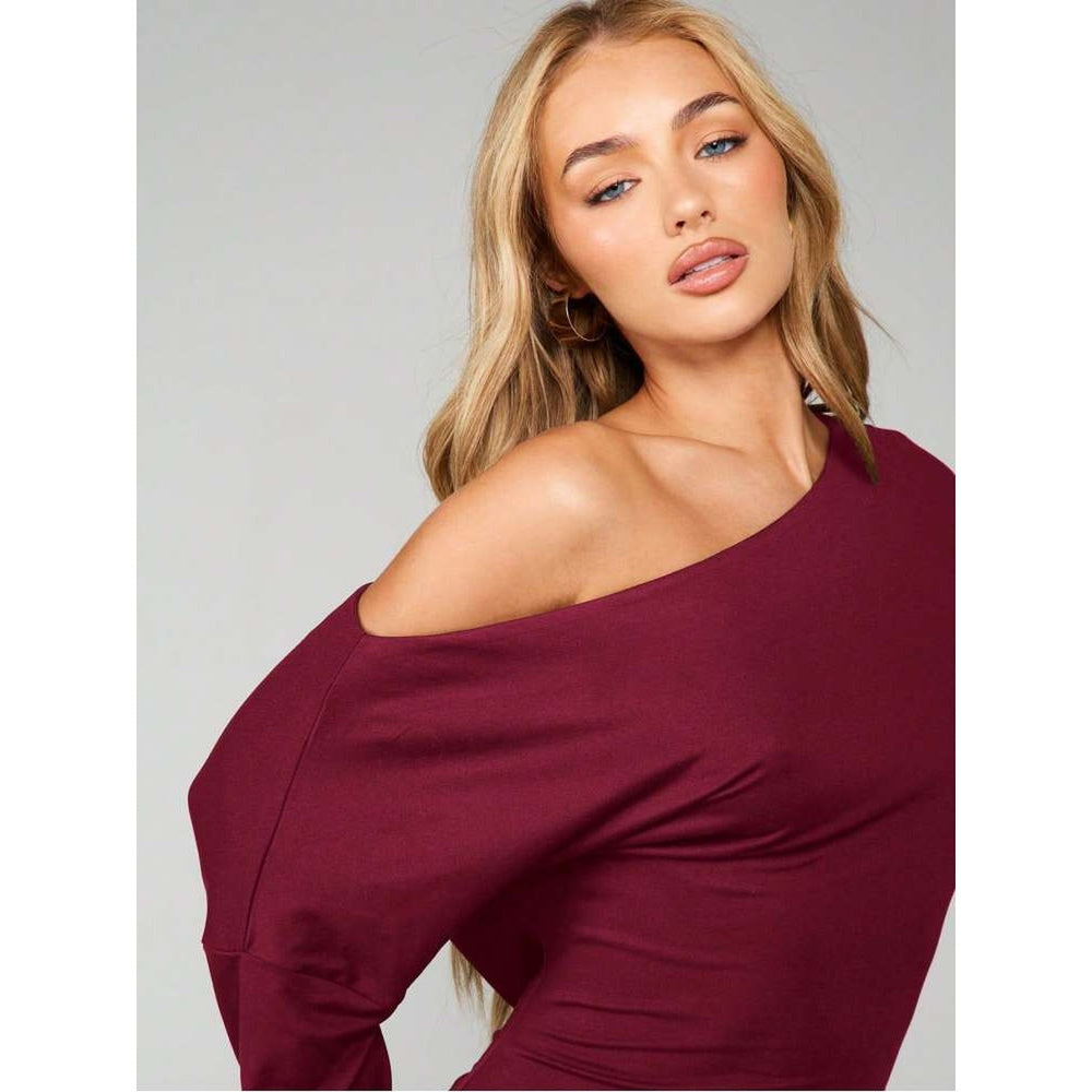 Womens One Shoulder Ruched Mini Dress in Burgundy product view
