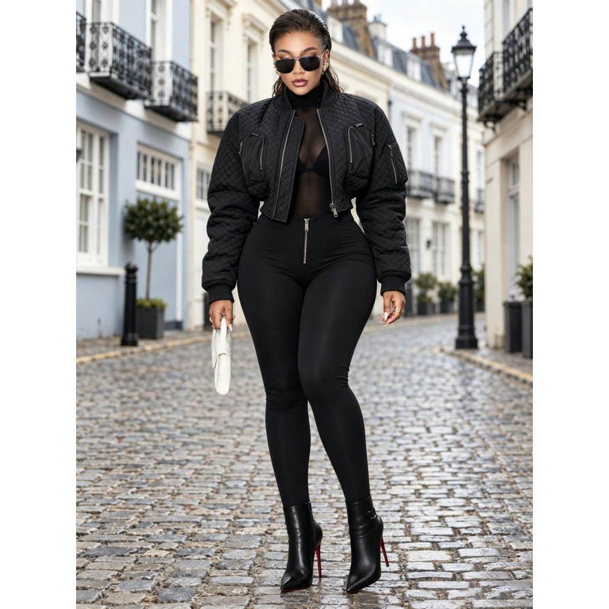 Womens Quilted Cropped Bomber Jacket in Black product view