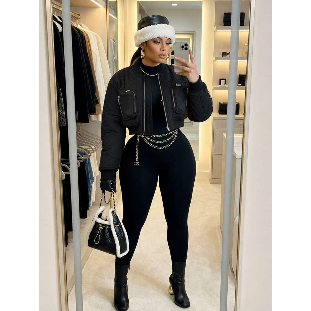 Womens Quilted Cropped Bomber Jacket in Black alternate view