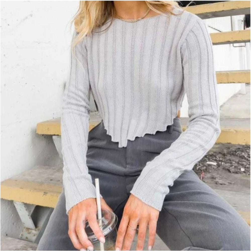 Womens Rib Knit Cropped Sweater in Light Gray product view