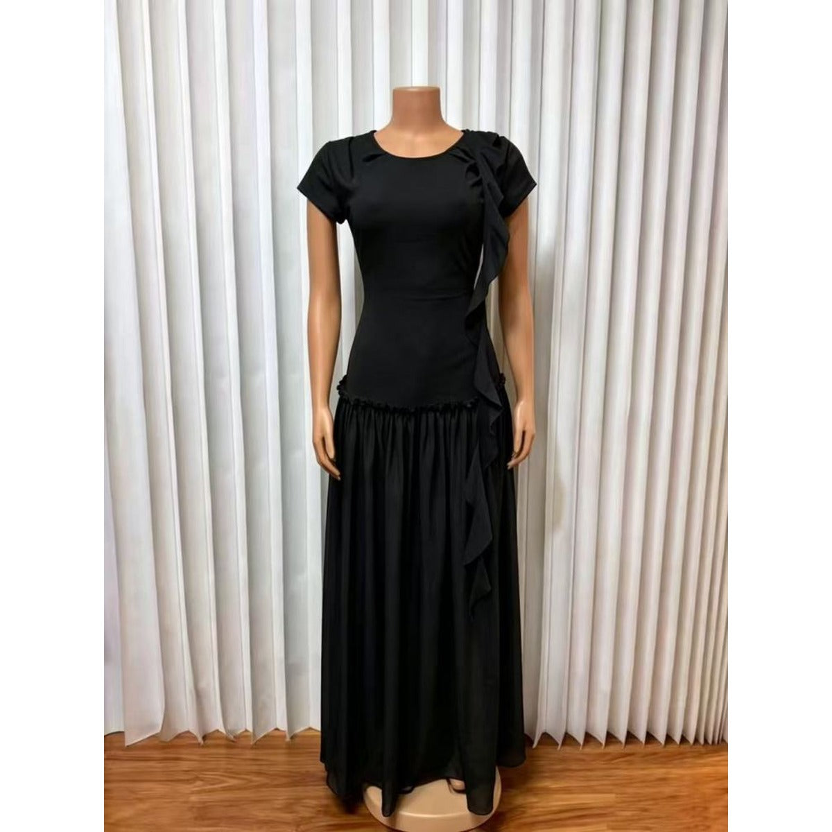Womens Short Sleeve Drop Waist Maxi Dress in Black alternate view