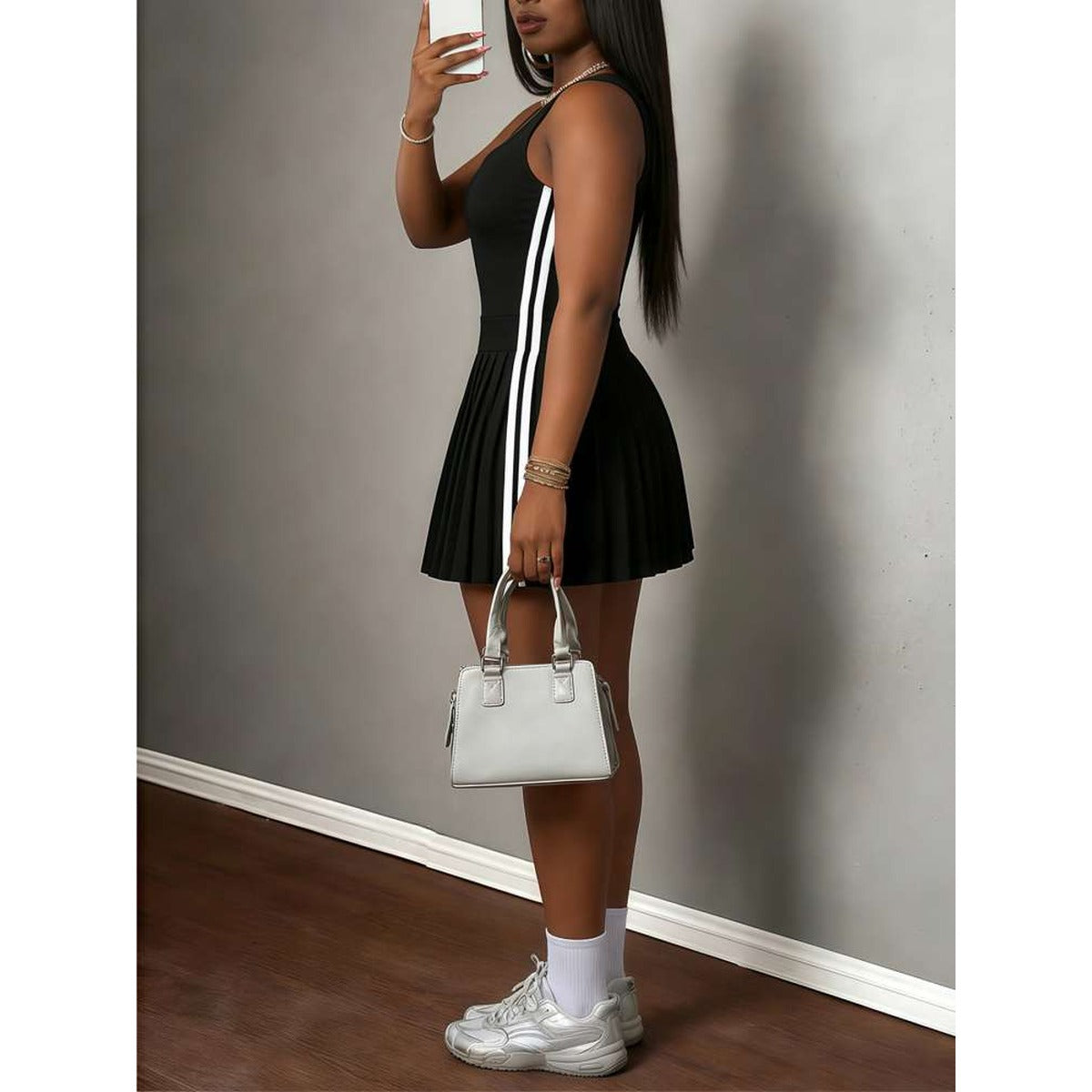 Womens Sleeveless Pleated Mini Dress in Black alternate view