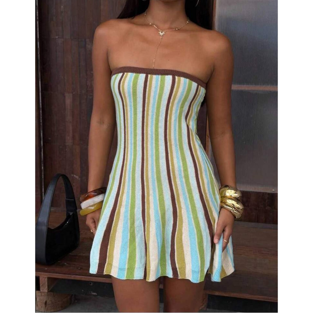 Womens Striped Strapless Knit Mini Dress in Green product view
