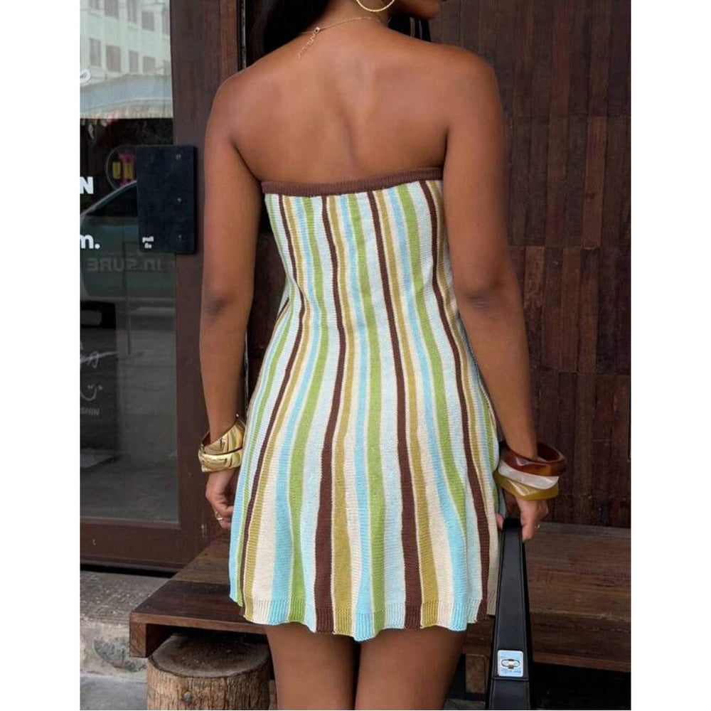 Womens Striped Strapless Knit Mini Dress in Green alternate view